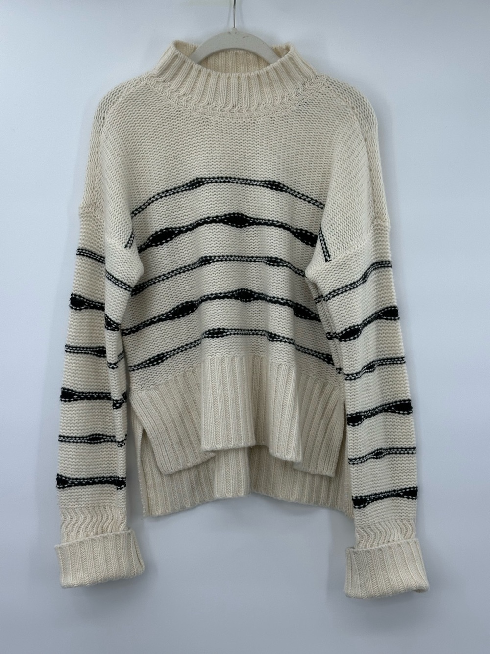 Veronica Beard Wool Blend Cream Black Stripe mock neck sweater size M